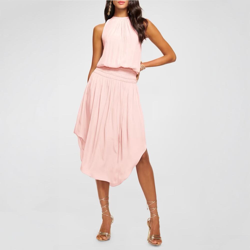 Ramy Brook Audrey Sleeveless Blouson Midi Dress Pink Size M Asymmetrical Hem